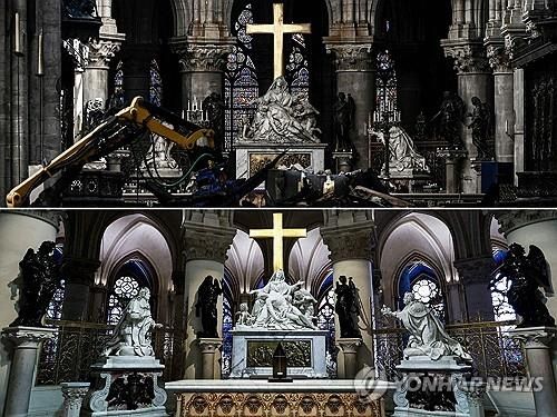 화재로 손상된 성당 내부 제단 모습(위)과 복원된 현재 모습