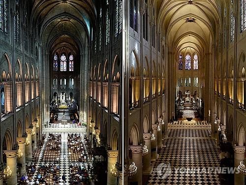 2019년 4월 화재 전의 대성당 내부 모습(왼)과 복원공사를 마친 현재 내부의 모습.
