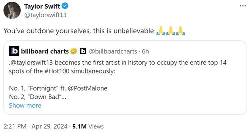 테일러 스위프트가 29일(현지시간) 엑스(X, 옛 트위터)에 올린 글