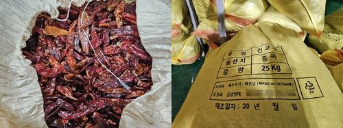 업체서 발견된 국내산 건고추(좌)와 중국산 건고추(우)