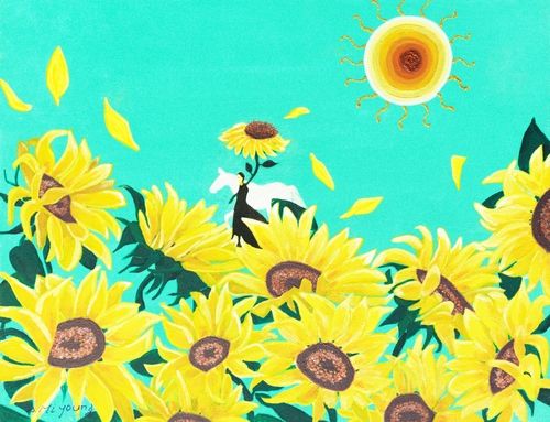 황금빛 태양 아래 꽃길을 걸어가는 어린왕자 