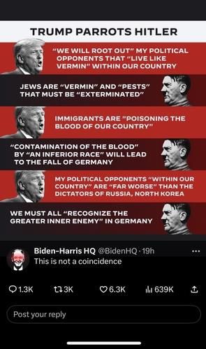 트럼프와 히틀러 비교한 바이든 재선 캠프의 엑스 계정 