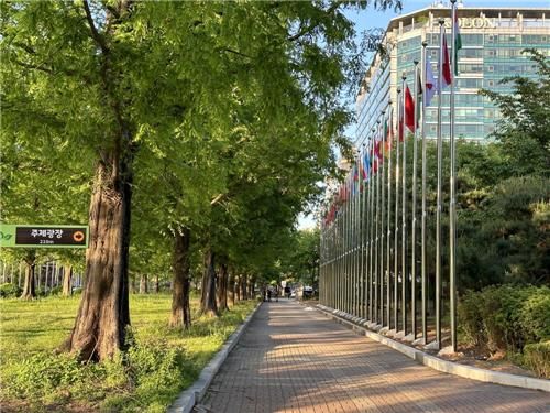 일산호수공원 산책로를 따라 조성된 만국기 게양대