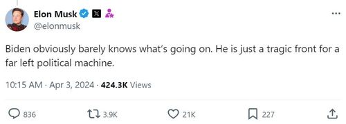 일론 머스크가 엑스에 올린 바이든 대통령 비판 글