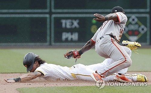 도루를 시도하는 배지환(왼쪽)