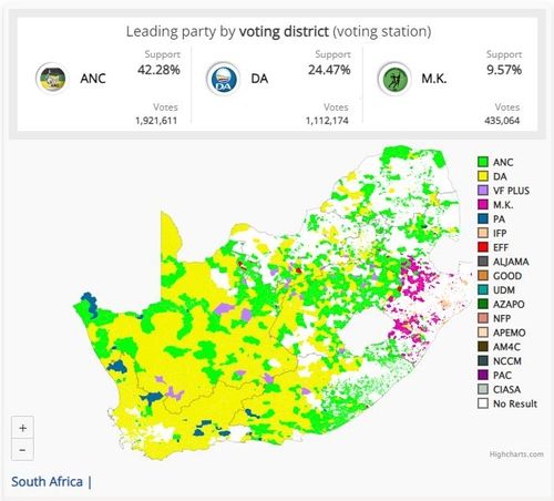 남아프리카공화국 총선 중간개표 현황(현지시간 30일 오후 9시 기준)
