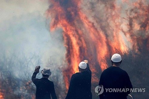 헤즈볼라의 공격으로 불타는 들판을 바라보는 골란고원의 주민들 [AFP 연합뉴스 자료사진. 재판매 및 DB 금지] 