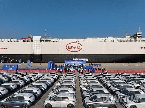 중국 선전항에서 유럽 수출 대기 중인 BYD 전기차들