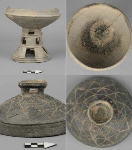 삼단투창 굽다리접시(위)와 꽃잎형 선각문 뚜껑(아래) 세부 모습 