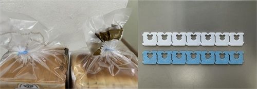 종이 재질(파란색)로 바뀐 식빵 봉투 클립과 기존 플라스틱 재질 클립(흰색)