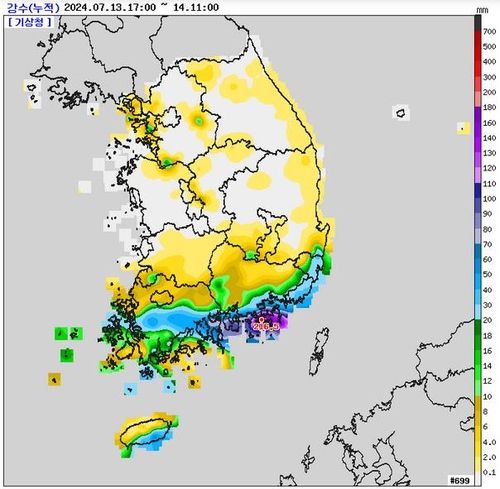 13일 오후 5시부터 14일 오전 11시까지 누적 강수량. [기상청 제공. 재판매 및 DB 금지]