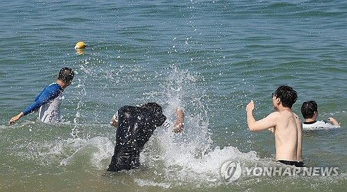 바다서 물놀이 즐기는 피서객