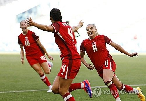 골세리머니를 펼치는 캐나다 여자 축구대표팀 선수들
