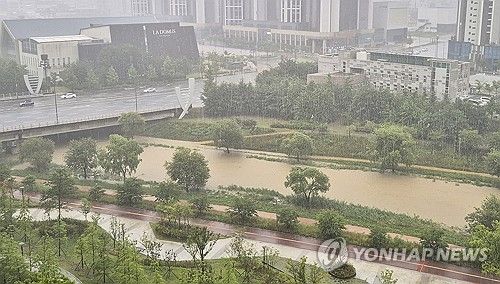 폭우로 물 불어난 대전 진잠천