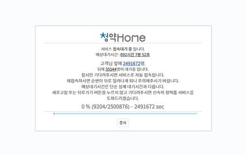 동탄역 롯데캐슬 무순위 청약 당일 대기시간이 692시간으로 안내되는 청약홈 