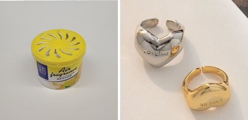 국내 안전기준에 부합하지 않은 외국 온라인 쇼핑몰 판매 방향제(왼쪽)와 반지(오른쪽). [환경부 제공. 재판매 및 DB 금지]