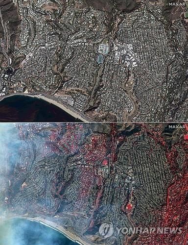 미국 캘리포니아주 로스앤젤레스 팰리세이즈의 화재 전후 주택 모습을 담은 위성사진 [맥사 제공. AFP=연합뉴스. 재판매 및 금지]