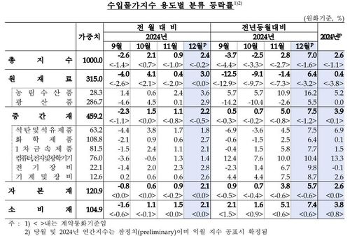 환율 급등에 수입물가 석달째 상승…작년 12월 2.4%↑ - 2