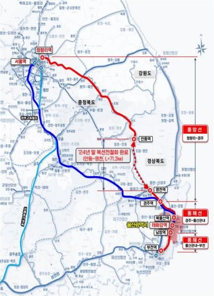 KTX-산천 태화강역 정차 노선안(파란색). 빨간색은 현재 운행 중인 KTX-이음 노선.