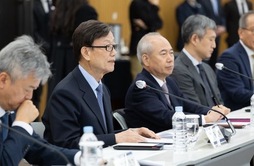 더불어민주당 기재위와 간담회 중 발언하는 한국무역협회 윤진식 회장