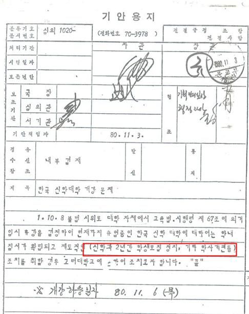 문교부, 「한국신학대학 개강 문제」(1980. 11. 3) (국가기록원)