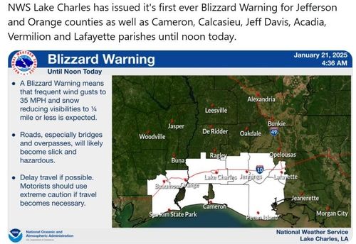 미 기상청(NWS) 레이크찰스에서 발령한 첫 눈보라 경보