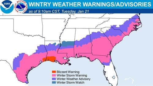 미 기상청(NWS)이 남동부 지역에 발령한 겨울 폭풍·눈보라 경보