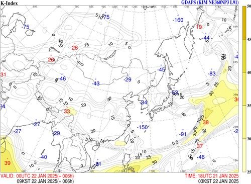 대류 안정도를 나타낸 일기도. 일기도상 수치가 낮을 수록 대기가 안정한 상태이다. [기상청 제공. 재판매 및 DB 금지]