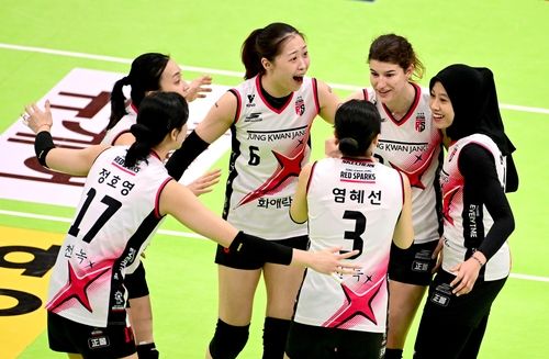 득점 후 기뻐하는 정관장 선수들