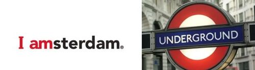 암스테르담 슬로건(좌측)과 런던 지하철 로고