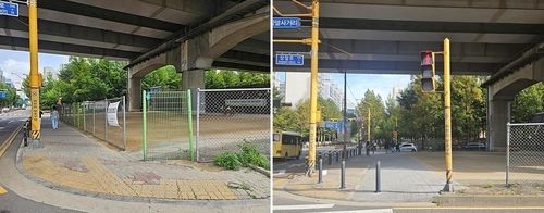 장말사거리 보행공간 개선 전(왼쪽)과 개선 후