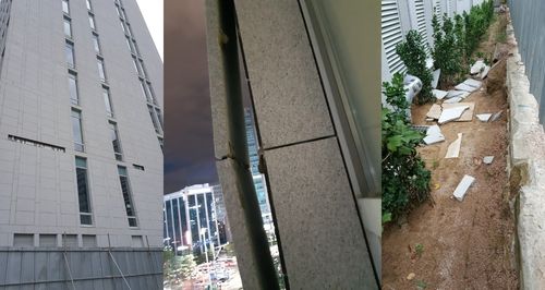 경암센터 빌딩 외벽 일부 붕괴로 석재 추락 