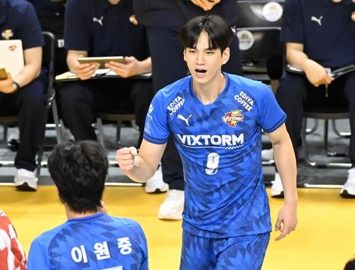 득점 후 주먹을 불끈 쥔 한국전력의 임성진 