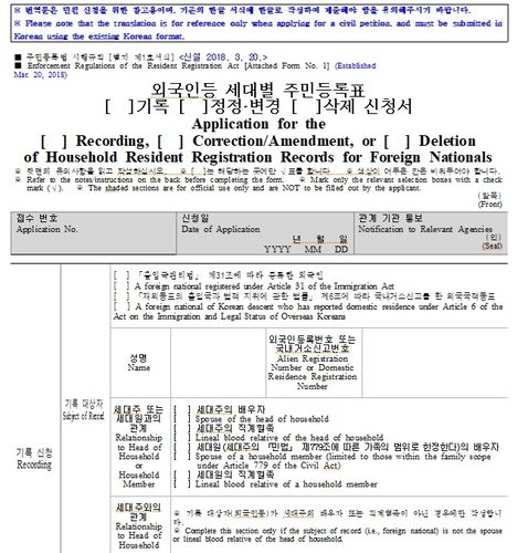 영어로 알려주는 '외국인 등 세대별 주민등록표 신청서' 예시