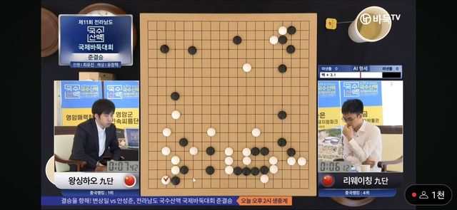 왕싱하오(왼쪽) 9단이 국수산맥 국제바둑대회 결승에 올랐다.