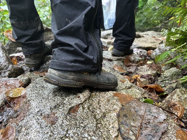 미끄러운 낙엽길과 진흙 길 속 닳고 닳은 신발