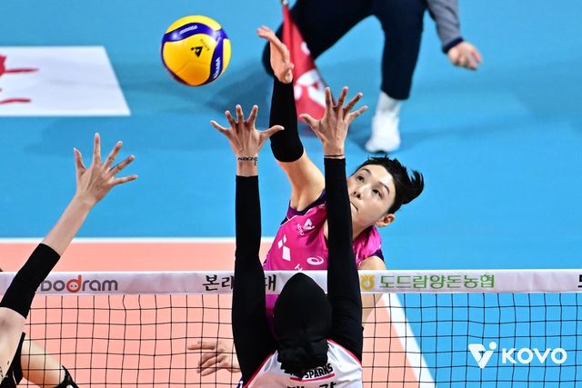 정관장과 챔프전에서 공격하는 흥국생명의 김연경(뒤쪽)