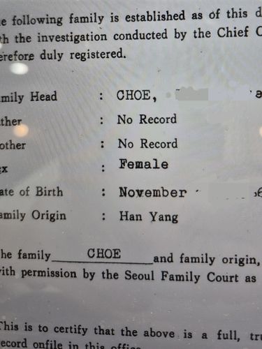 한 입양인의 입양서류다. 부모란에 'No Record'로 기록돼 있다