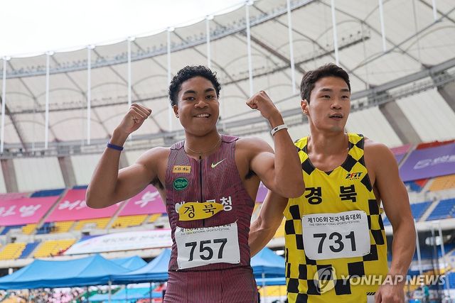 전국체전 100m 1등과 2등 차지한 나마디 조엘진-김시온