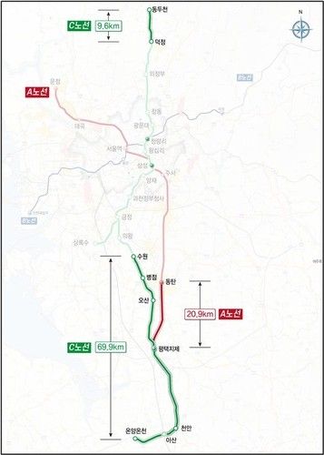 GTX-A노선 평택 연장 추진 구간 노선도