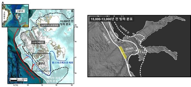 1만5천년 전 스발바르 벨준트 지형(왼쪽)과 빙하의 거동