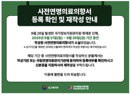 국정자원 화재로 '연명의료 중단 서약서' 일부도 소실(종합) - 2