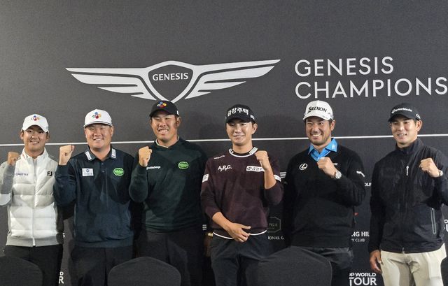 22일 기자회견에 참석한 최승빈(왼쪽부터), 임성재, 안병훈, 옥태훈, 마쓰야마 히데키, 나카지마 게이타 [촬영 최송아]