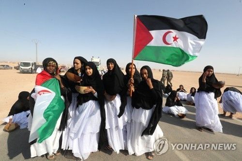 2023년 5월 알제리 남서부 틴두푸에서 서사하라 독립을 위한 '폴리사리오 전선'의 무장투쟁 50주년을 맞아 행진하는 서사하라 출신 여성들. [EPA 연합뉴스 자료사진. 재판매 및 DB 금지]