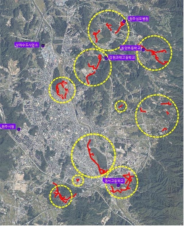 원주처리구역 하수관로 정비사업 위치도(향후 설계에 따라 변경될 수 있음)