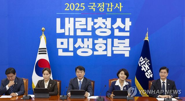 민주당 국정감사 대책 회의에서 발언하는 한정애 정책위의장