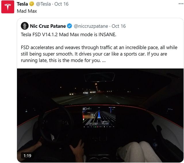 테슬라가 엑스 계정에 게시된 '매드 맥스' 모드 관련 글