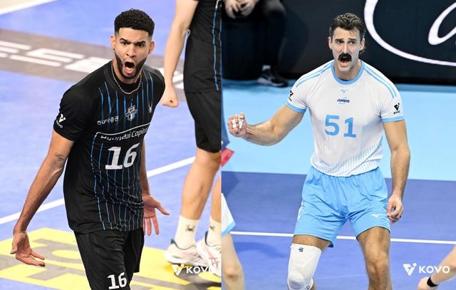 현대캐피탈의 레오(왼쪽)와 대한항공의 러셀