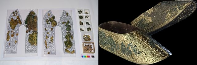 식리총 출토 금동신발 측면의 남은 조각(왼쪽)과 재현품 