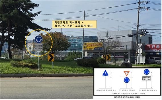 교차로 새치기 방지를 위한 개선방안 정비 교차로(2) 파주시 내 회전교차로에 '회전 차량 우선' 보조표지 설치로 회전 차량의 안전한 진입을 유도하고 있다. [한국도로교통공단 제공.재판매 및 DB 금지]